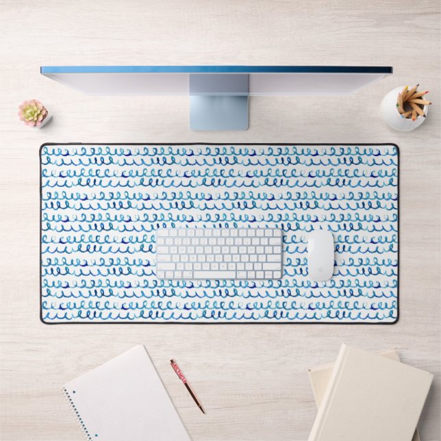 Hand Painted Blue Watercolor Wavy Pattern 2 Desk Mat (Office 1)