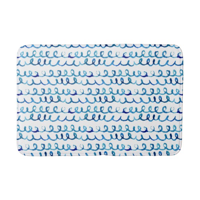Hand Painted Blue Watercolor Wavy Pattern Bathroom Mat (Front)