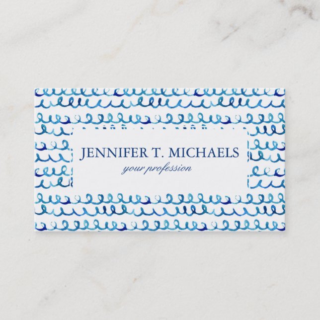 Hand Painted Blue Watercolor Wavy Pattern Business Card (Front)