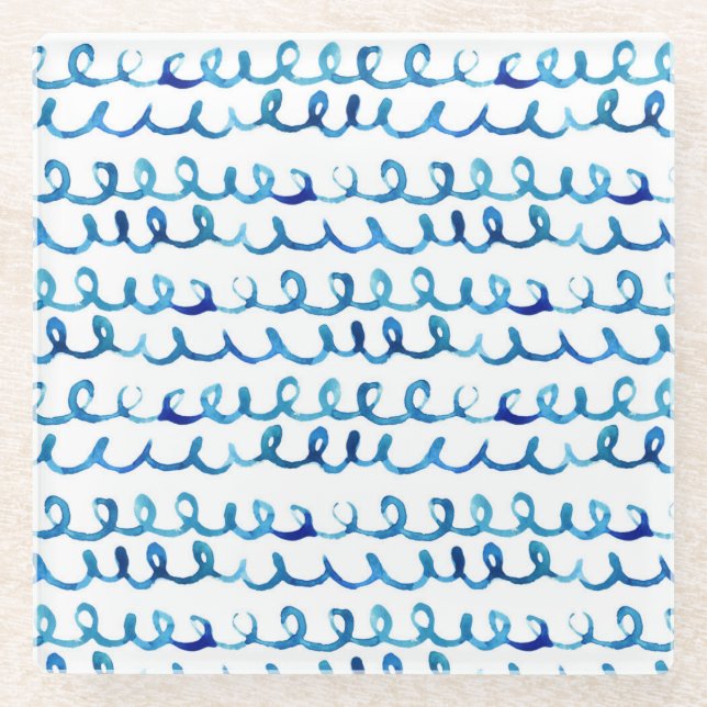 Hand Painted Blue Watercolor Wavy Pattern Glass Coaster (Front)