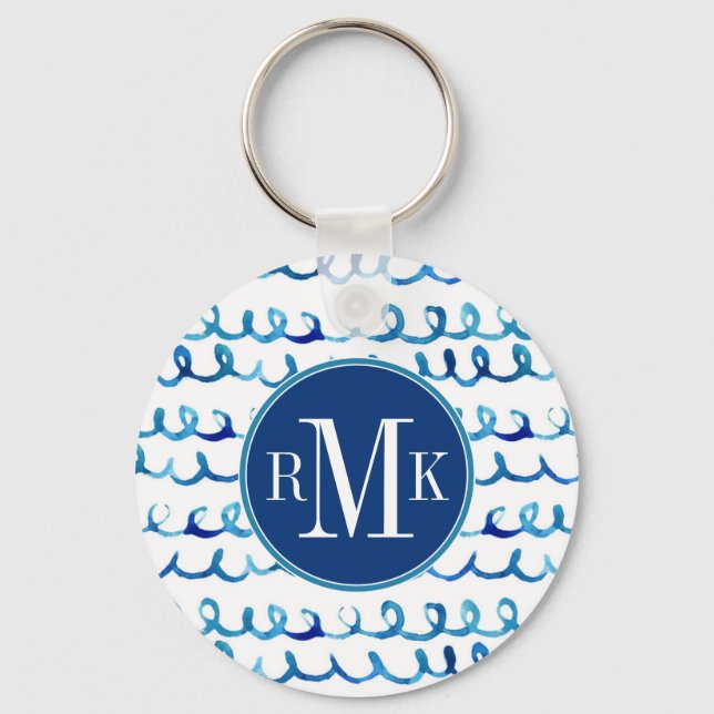 Hand Painted Blue Watercolor Wavy Pattern Keychain (Front)