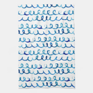 Hand Painted Blue Watercolor Wavy Pattern Kitchen Towel