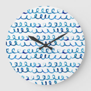 Hand Painted Blue Watercolor Wavy Pattern Large Clock