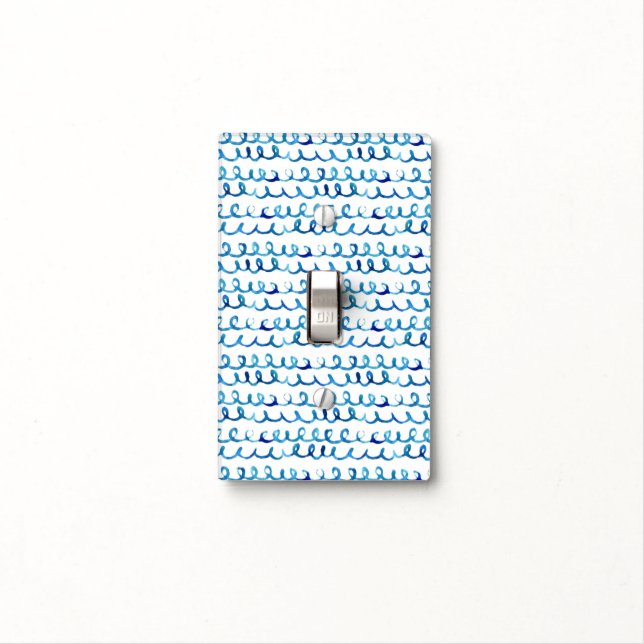 Hand Painted Blue Watercolor Wavy Pattern Light Switch Cover (In Situ)
