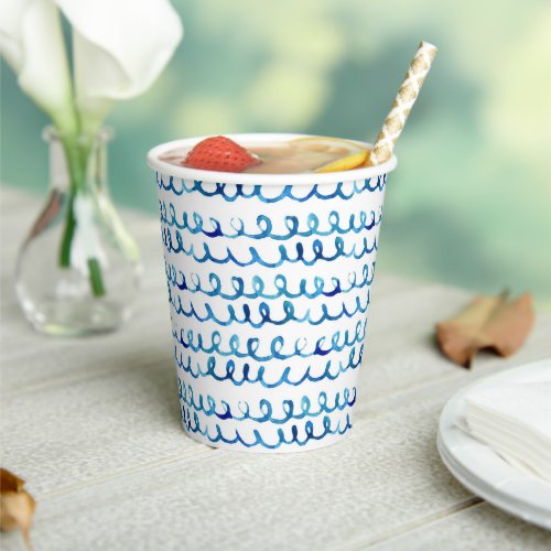 Hand Painted Blue Watercolor Wavy Pattern Paper Cups