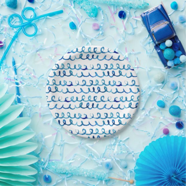 Hand Painted Blue Watercolor Wavy Pattern Paper Plates (Party)