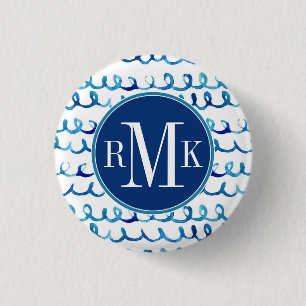 Hand Painted Blue Watercolor Wavy Pattern Pinback Button