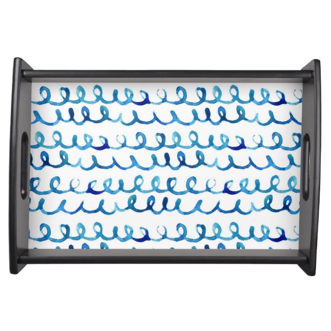 Hand Painted Blue Watercolor Wavy Pattern Serving Tray (Front)