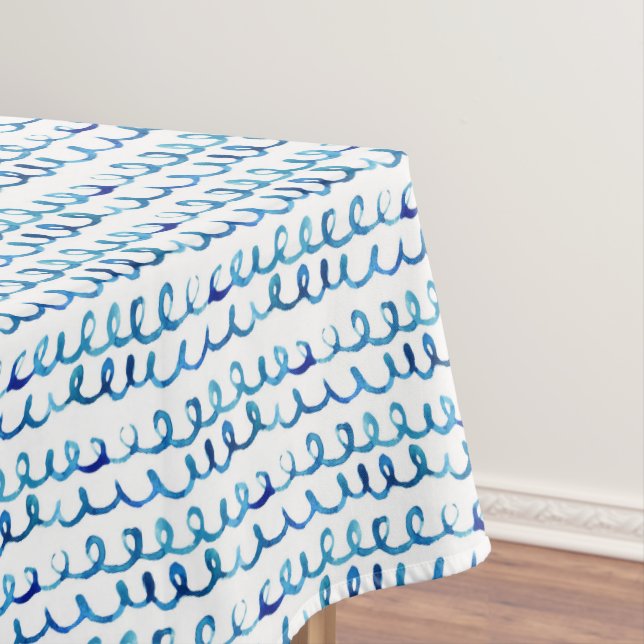 Hand Painted Blue Watercolor Wavy Pattern Tablecloth (In Situ)