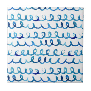 Hand Painted Blue Watercolor Wavy Pattern Tile
