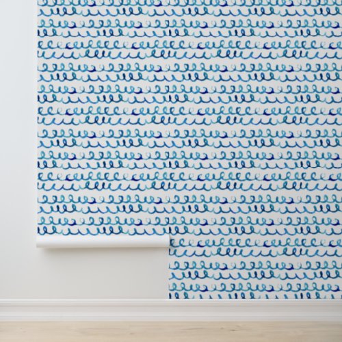 Hand Painted Blue Watercolor Wavy Pattern Wallpaper