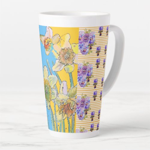 Hand Painted Blue Yellow Daffodil floral Latte Mug