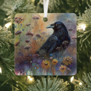 Hand Painted - Botanical Raven Metal Ornament