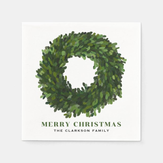 Hand Painted Boxwood Wreath Christmas Napkins (Front)