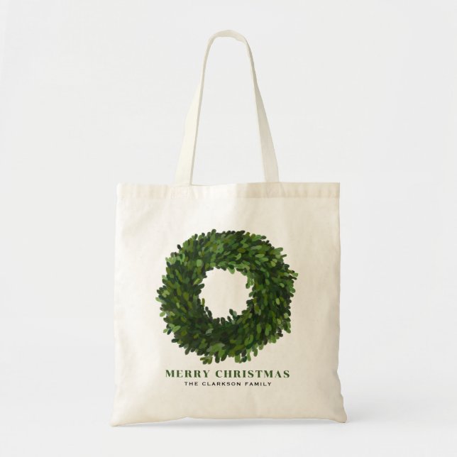 Hand Painted Boxwood Wreath Christmas Tote Bag (Front)