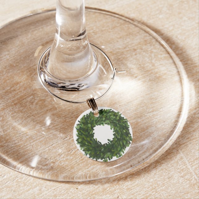 Hand Painted Boxwood Wreath Christmas Wine Charm (In Situ)