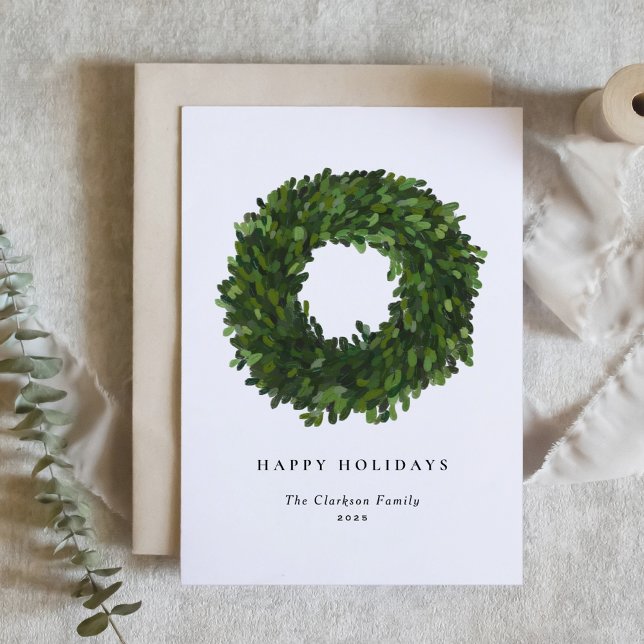 Hand Painted Boxwood Wreath Happy Holidays Holiday Card (Creator Uploaded)