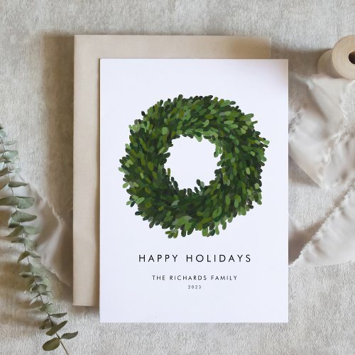 Hand Painted Boxwood Wreath Happy Holidays Holiday Card