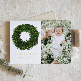 Hand Painted Boxwood Wreath Happy Holidays Photo Foil Holiday Card