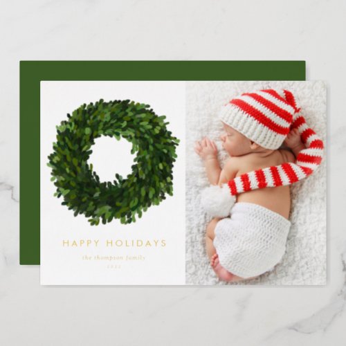 Hand Painted Boxwood Wreath Happy Holidays Photo Foil Holiday Card