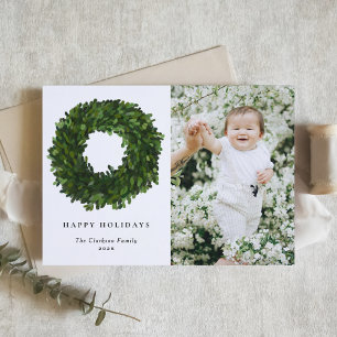 Hand Painted Boxwood Wreath Happy Holidays Photo Holiday Card