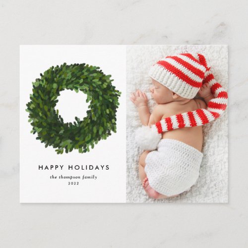 Hand Painted Boxwood Wreath Happy Holidays Photo Holiday Postcard