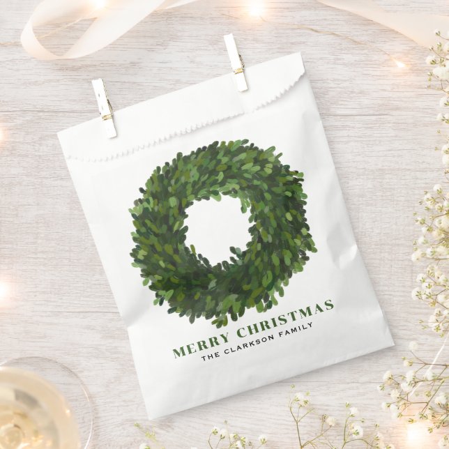 Hand Painted Boxwood Wreath Merry Christmas Favor Bag (Clipped)
