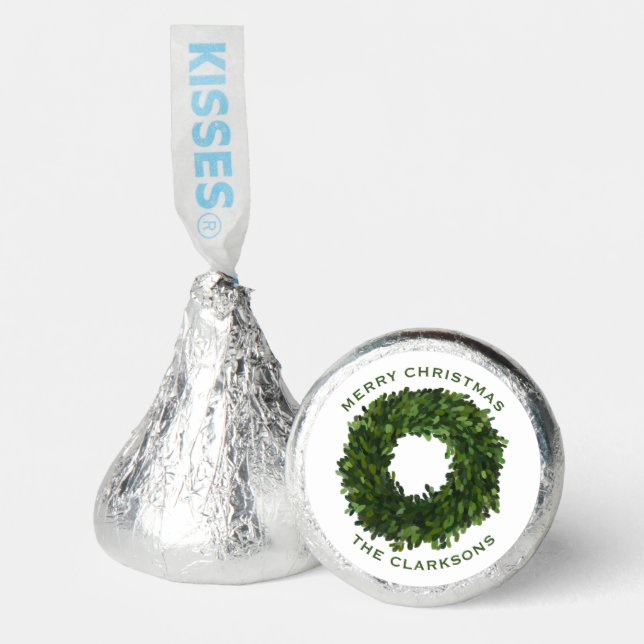 Hand Painted Boxwood Wreath Merry Christmas Hershey®'s Kisses® (Front)