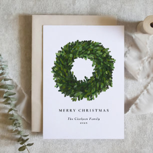 Hand Painted Boxwood Wreath Merry Christmas Holiday Card