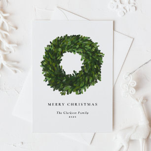 Hand Painted Boxwood Wreath Merry Christmas Holiday Card