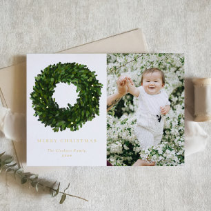 Hand Painted Boxwood Wreath Merry Christmas Photo Foil Holiday Card