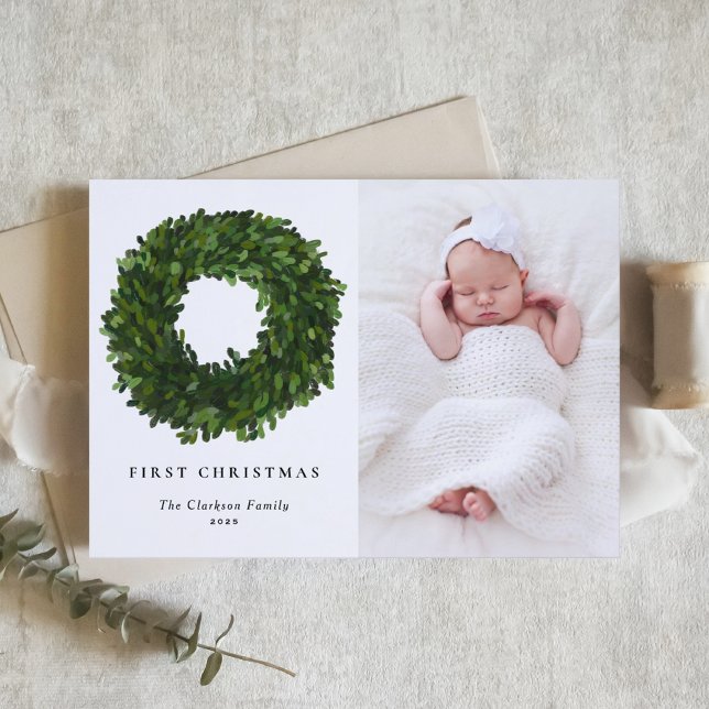 Hand Painted Boxwood Wreath Merry Christmas Photo Holiday Card (Creator Uploaded)