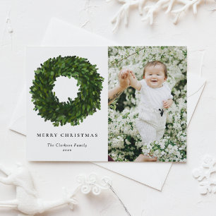Hand Painted Boxwood Wreath Merry Christmas Photo Holiday Postcard