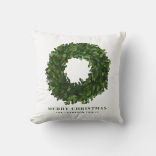 Hand Painted Boxwood Wreath Merry Christmas Throw Pillow
