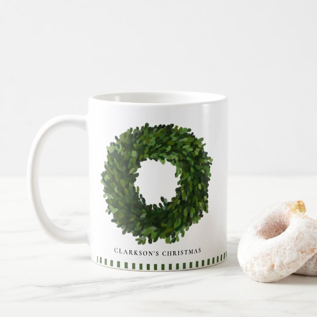 Hand Painted Boxwood Wreath Personalized Holiday Coffee Mug (With Donut)