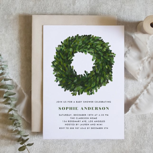 Hand Painted Boxwood Wreath Winter Baby Shower Invitation (Creator Uploaded)