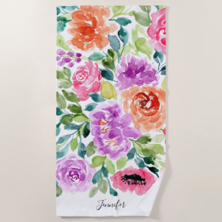 Hand Painted Bright Watercolor Floral Beach Towel