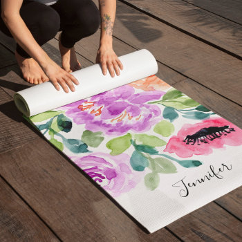 Hand Painted Bright Watercolor Floral Yoga Mat by heartlocked at Zazzle