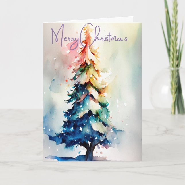 Hand Painted Bright Watercolour Christmas Tree  Card (Front)