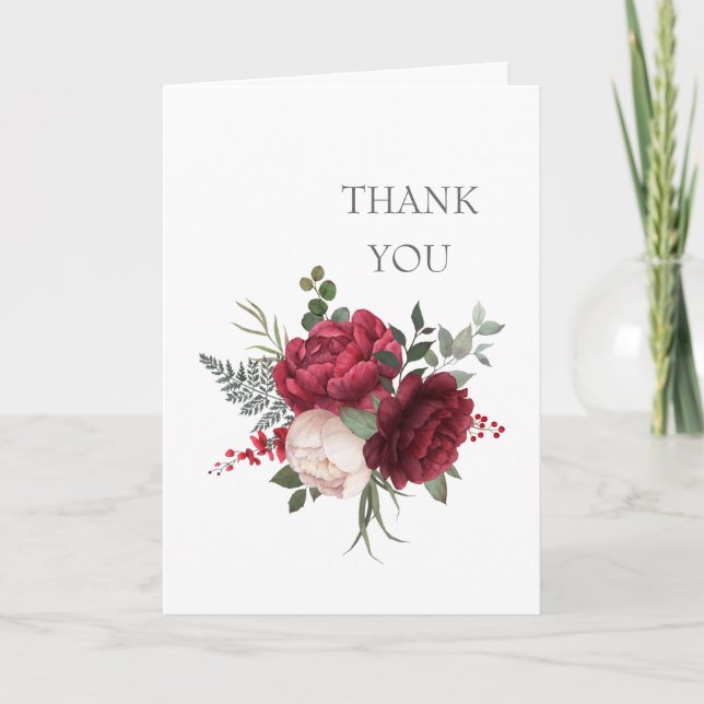 Hand Painted Burgundy Rose Bouquet Folded Thank You Card (Front)