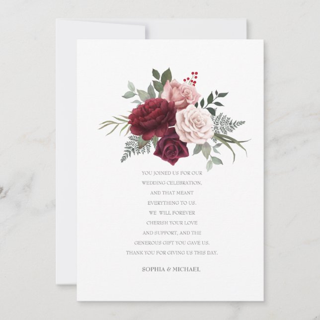 Hand Painted Burgundy Rose Bouquet Thank You Card (Front)