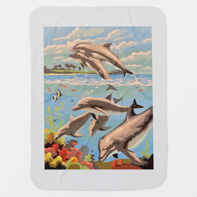 Hand Painted By Number | Playful Dolphins | Baby Blanket (Front)