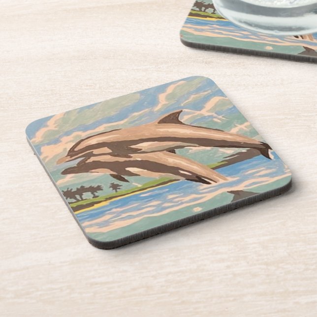 Hand Painted By Number | Playful Dolphins | Beverage Coaster (Left Side)