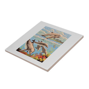 Hand Painted By Number Playful Dolphins Ceramic Tile