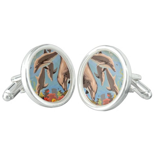 Hand Painted By Number  Playful Dolphins  Cufflinks