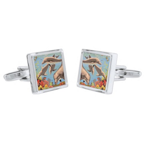 Hand Painted By Number  Playful Dolphins  Cufflinks