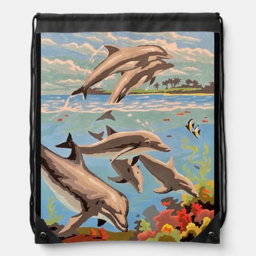 Hand Painted By Number  Playful Dolphins  Drawstring Bag