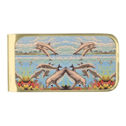 Hand Painted By Number  Playful Dolphins  Gold Finish Money Clip