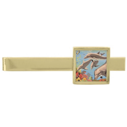 Hand Painted By Number  Playful Dolphins  Gold Finish Tie Bar