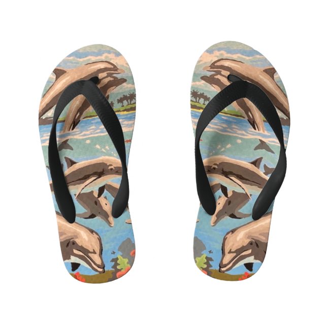 Hand Painted By Number | Playful Dolphins | Kid's Flip Flops (Footbed)